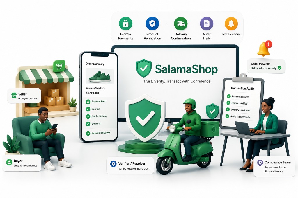 SalamaShop escrow ecosystem showing buyers, sellers, verifiers, delivery, and compliance teams